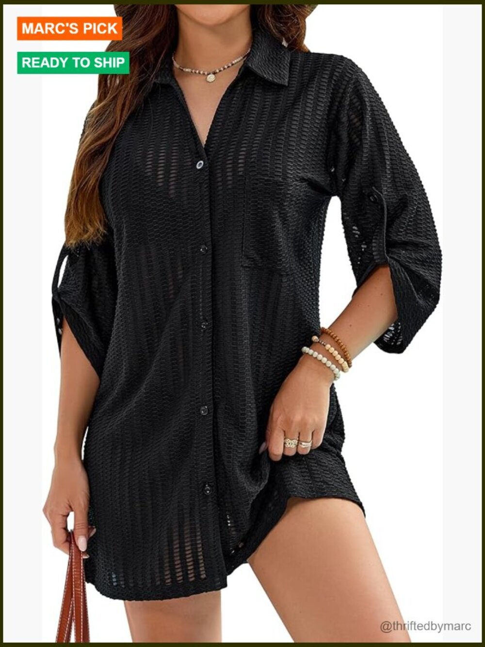 Textured Button Down Swim Cover Up Shirt Dress 3/4 Sleeve